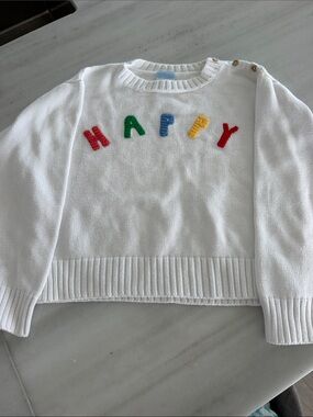 bella bliss White 'HAPPY' Crewneck Sweater with Multi Color Letters